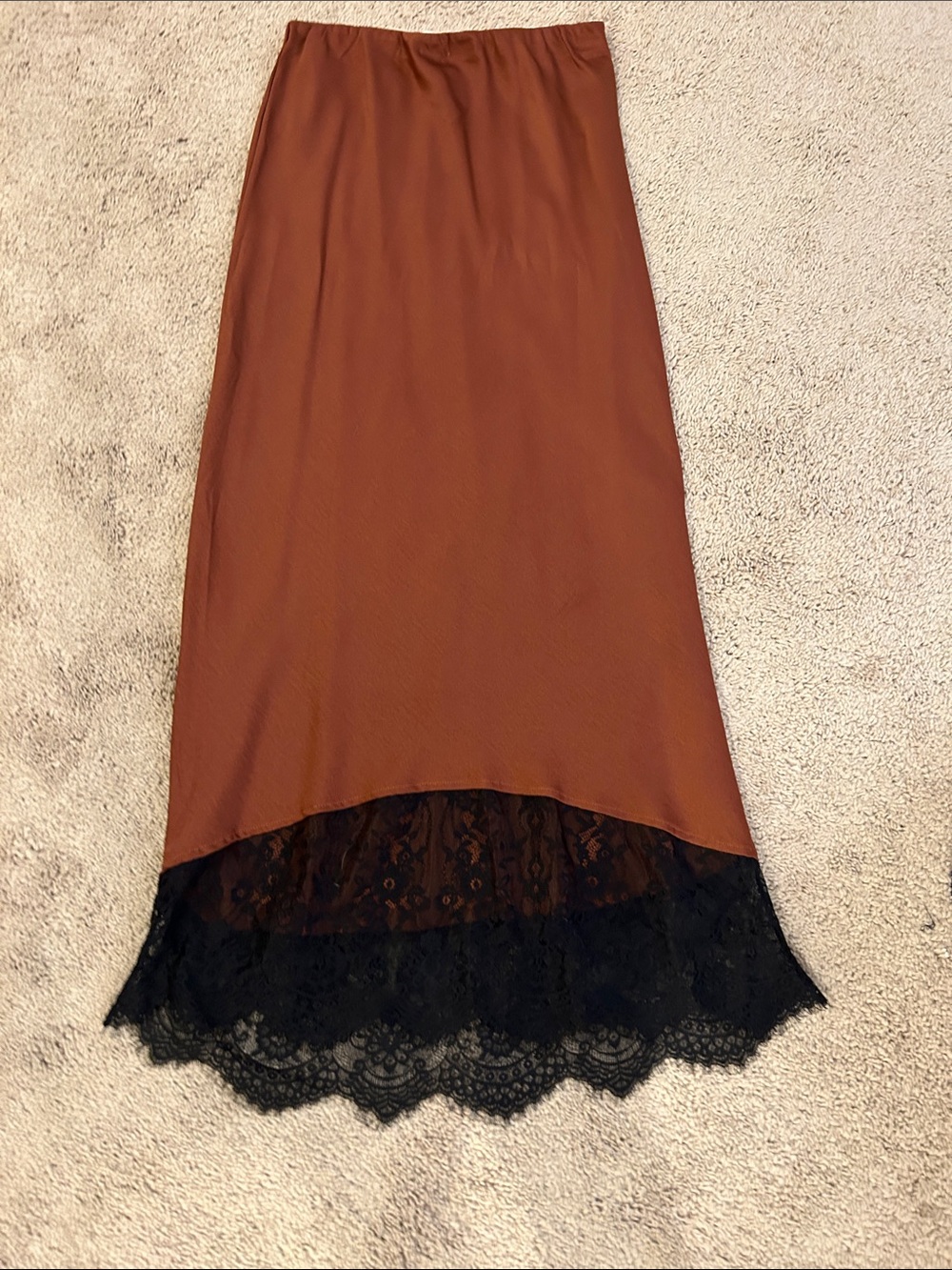 SHEIN Rust Brown Maxi Slip Skirt with Black Lace Hem - Beautiful fall skirt!
